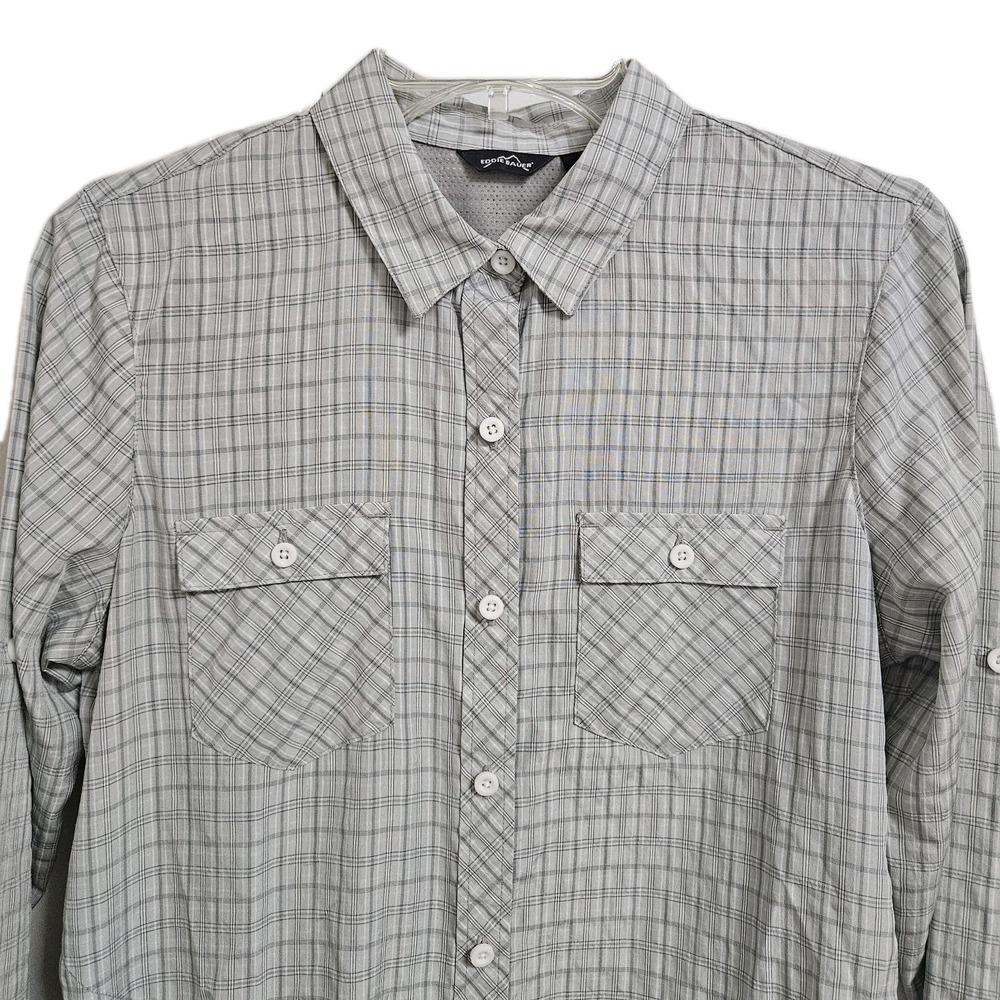 Eddie Bauer Shirt Women Small Grey Plaid Button Front Roll Tab Long Sleeve Trail